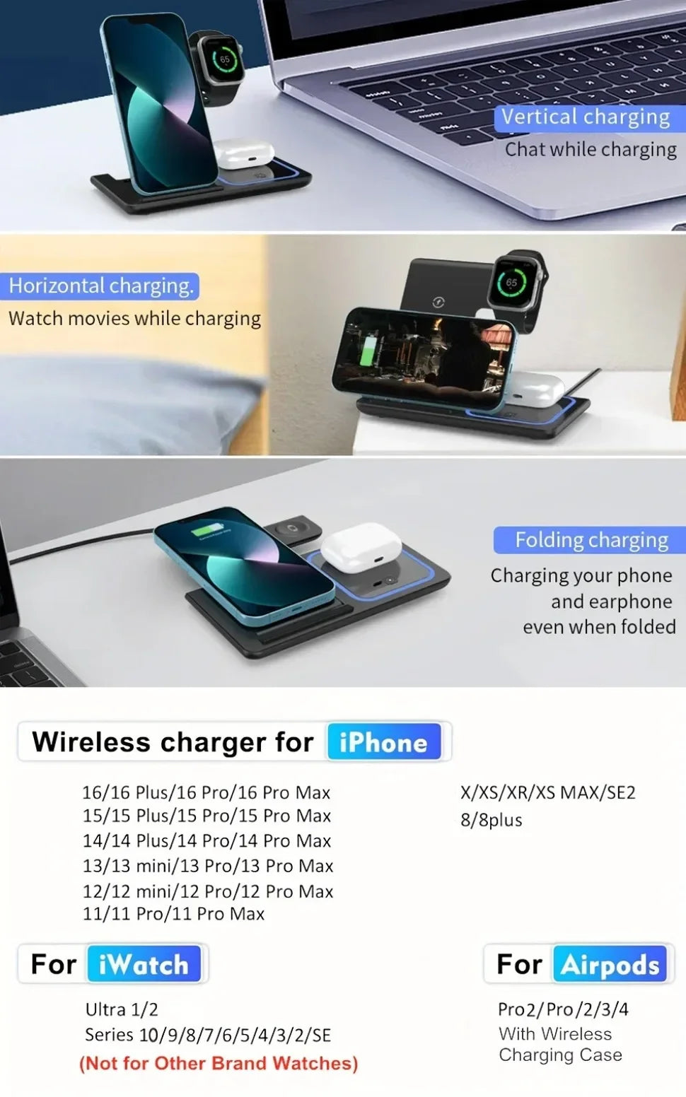 Carregador Sem Fio 3 em 1 Dobrável por Indução – Estação de Carga Rápida 15W para iPhone, Apple Watch e AirPods