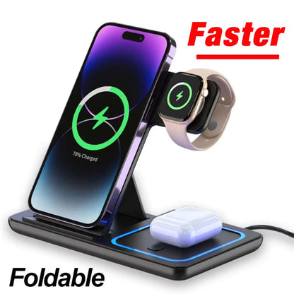 Carregador Sem Fio 3 em 1 Dobrável por Indução – Estação de Carga Rápida 15W para iPhone, Apple Watch e AirPods