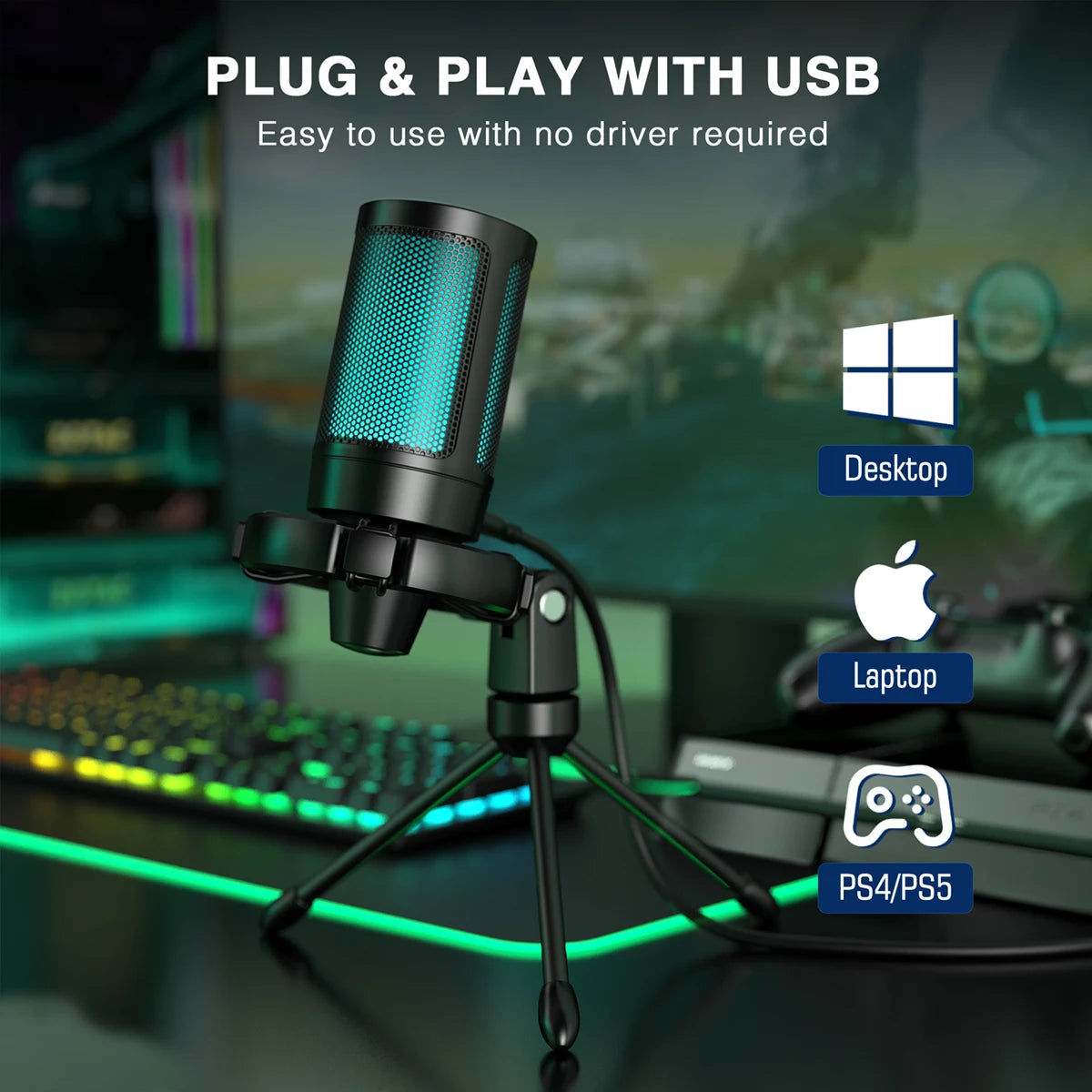 Microfone Condensador USB RGB AmpliGame A2 – Microfone de Mesa com Botão Touch-Mute, Suporte Tripé Integrado e Redução de Ruído para Streamers, Gamers, PC e PS5