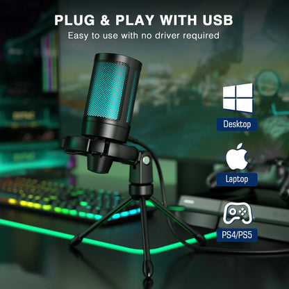 Microfone Condensador USB RGB AmpliGame A2 – Microfone de Mesa com Botão Touch-Mute, Suporte Tripé Integrado e Redução de Ruído para Streamers, Gamers, PC e PS5