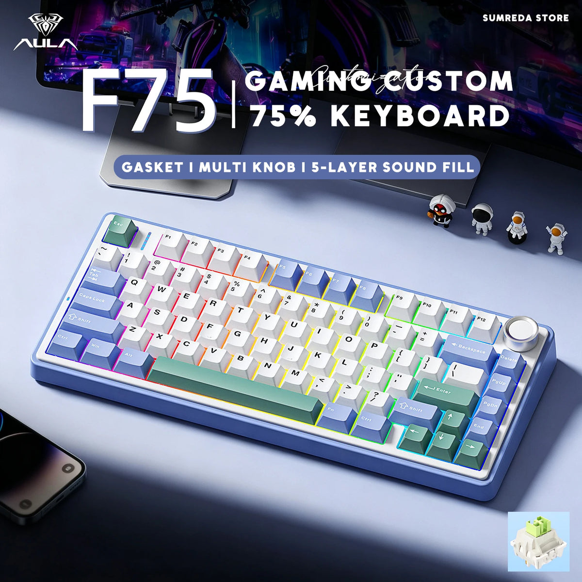 Teclado Mecânico Gamer AULA F75 75% RGB Hot-Swap Bluetooth 2.4G USB