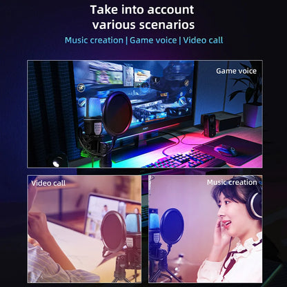Microfone Condensador USB RGB YTYIN – Microfone de Mesa com Redução de Ruído para Streaming, Podcasts, Gravação em Estúdio, PC e Notebook
