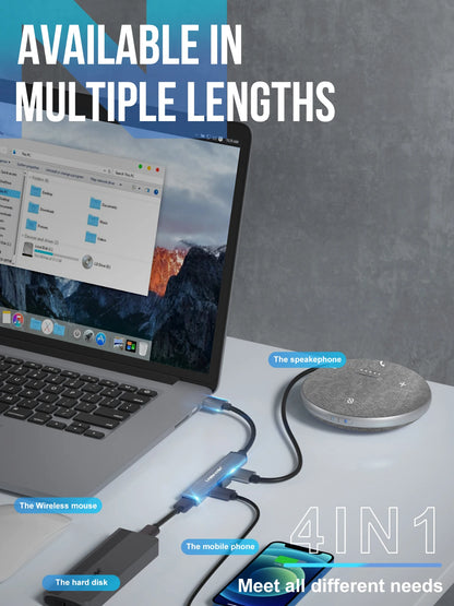 Hub USB Lemorele de Longo Alcance (120cm) com 4 Portas – Alumínio e Conexão Rápida