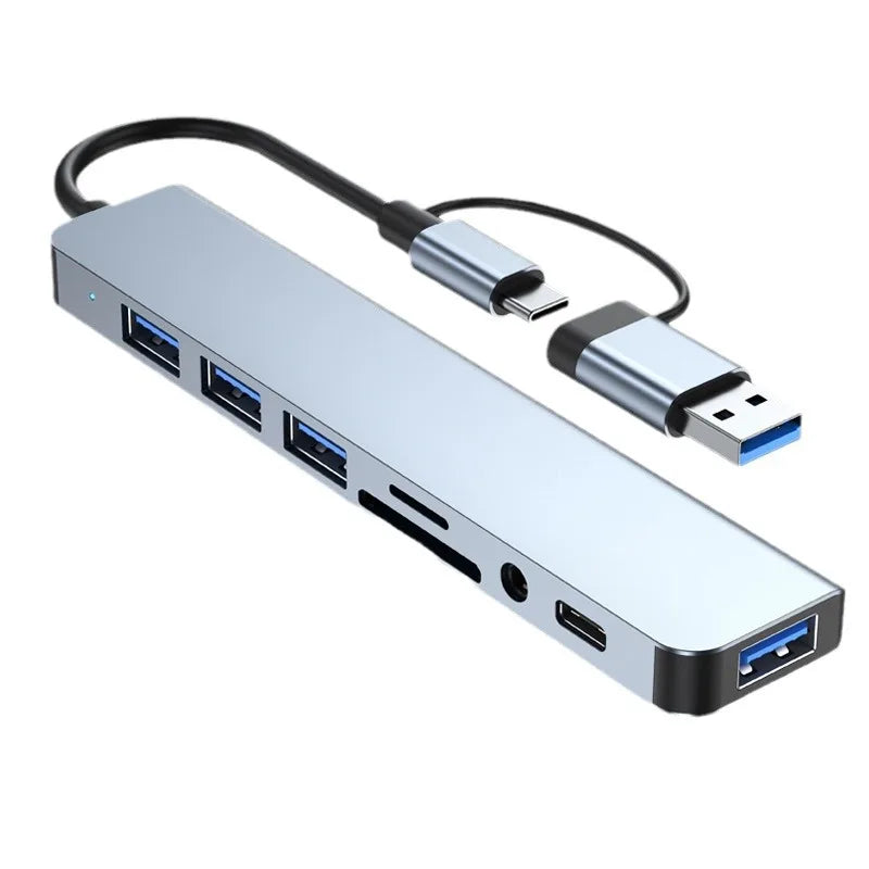Hub Docking Station 8 em 2 USB + Type-C com Entrada de Áudio 3.5mm e Leitor de Cartões para Notebook, Tablet e Smartphone