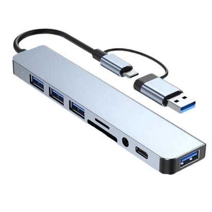 Hub Docking Station 8 em 2 USB + Type-C com Entrada de Áudio 3.5mm e Leitor de Cartão