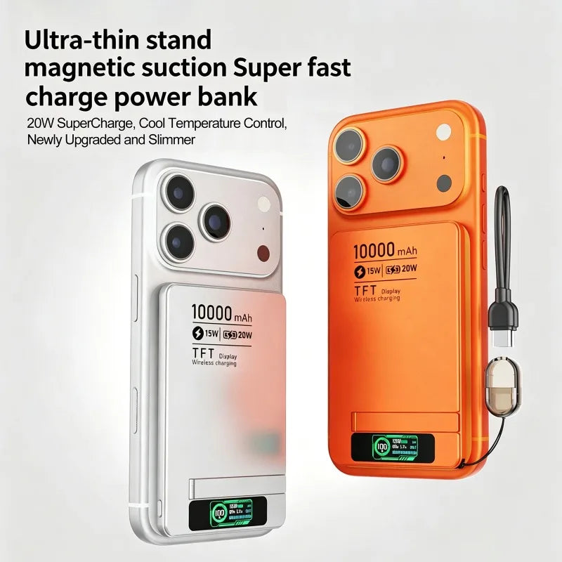 Carregador Portátil Power Bank Magnético 3 em 1 luxuglow – Carregamento Rápido Sem Fio (15W), Saída USB-C (20W), Suporte Retrátil e Display Digital para iPhone, Apple Watch e AirPods