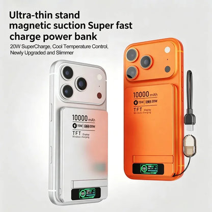 Carregador Portátil Power Bank Magnético 3 em 1 luxuglow – Carregamento Rápido Sem Fio (15W), Saída USB-C (20W), Suporte Retrátil e Display Digital para iPhone, Apple Watch e AirPods
