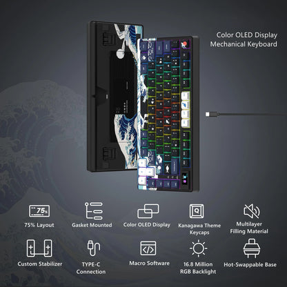 Teclado Mecânico Gamer Womier 75% – Tela OLED Integrada, Layout Gasket Mounted, Keycaps PBT Pudding, RGB Backlit e Switch Full Hot-Swappable