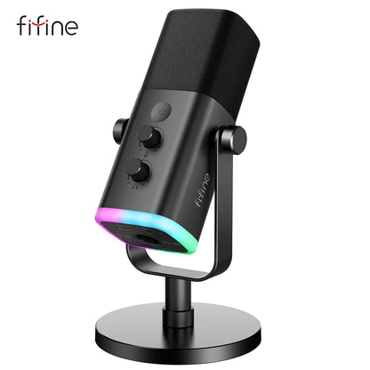 Microfone Dinâmico USB/XLR FIFINE AmpliGame AM8 – Microfone de Mesa com Controle RGB, Botão Touch-Mute, Saída para Fone e Suporte Integrado para Games, Streaming e Podcasts