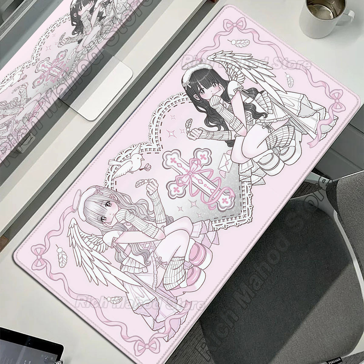 Mouse Pad Gamer Kawaii Anime Angel Girls XXL – Base Antiderrapante Rosa