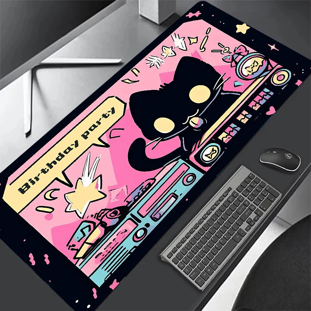 Tapete de teclado Black Cat Clouds com entrega rápida, trava de borda, extenso, kawaii, rosa e roxo, para proteção de mesa de escritório, tamanho XXL.