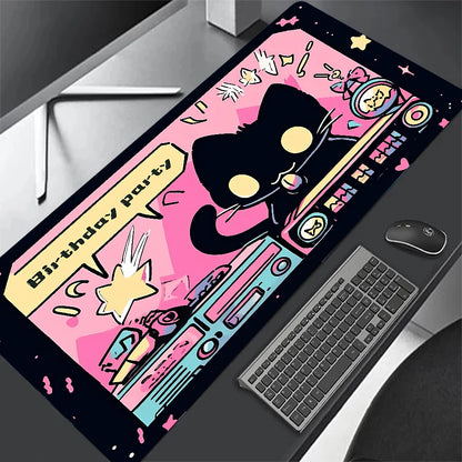 Tapete de teclado Black Cat Clouds com entrega rápida, trava de borda, extenso, kawaii, rosa e roxo, para proteção de mesa de escritório, tamanho XXL.