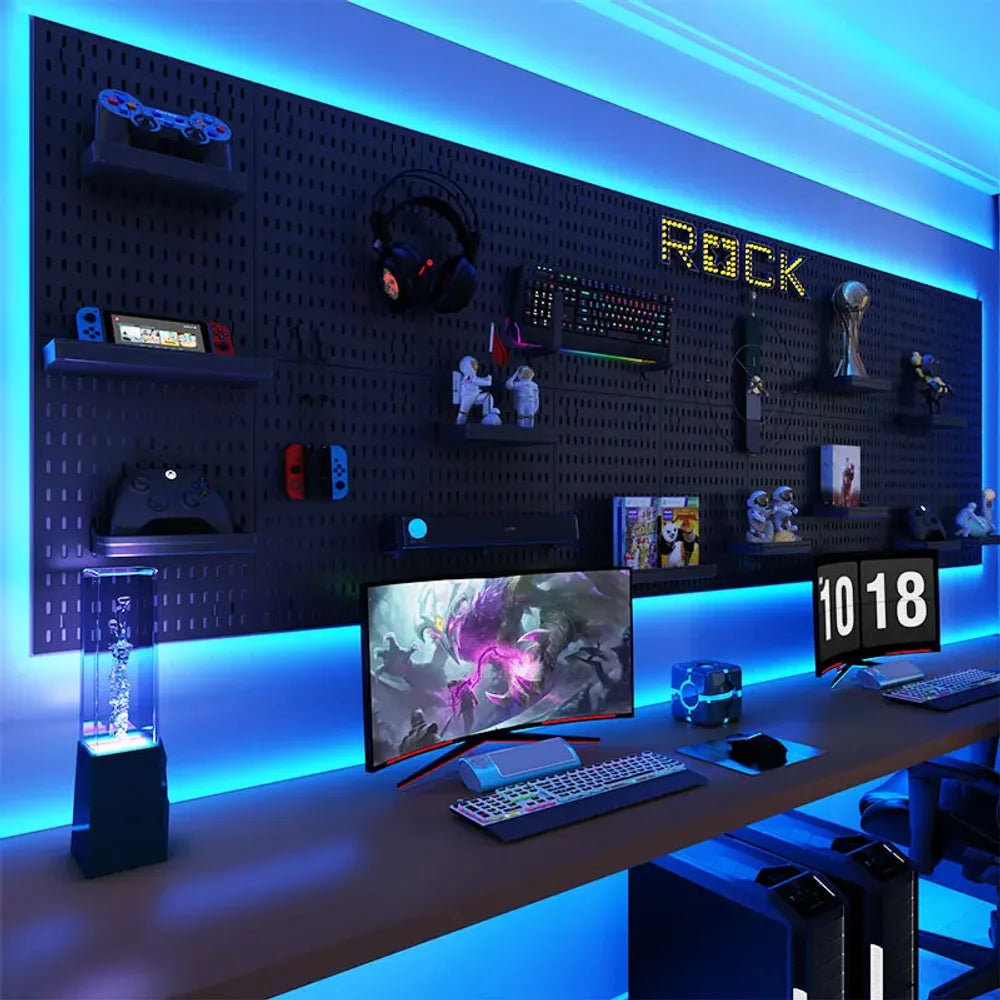 Painel Pegboard Gamer Organizador de Parede – Kit Completo com Suportes, Prateleiras e Ganchos para Setup