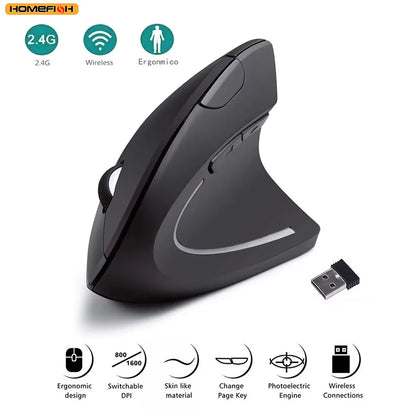 Mouse Vertical Ergonômico Sem Fio 2.4GHz – 6 Botões e DPI Ajustável para Notebook e PC