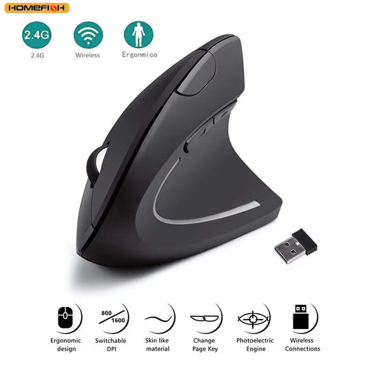 Mouse Vertical Ergonômico Sem Fio 2.4GHz – 6 Botões e DPI Ajustável para Notebook e PC