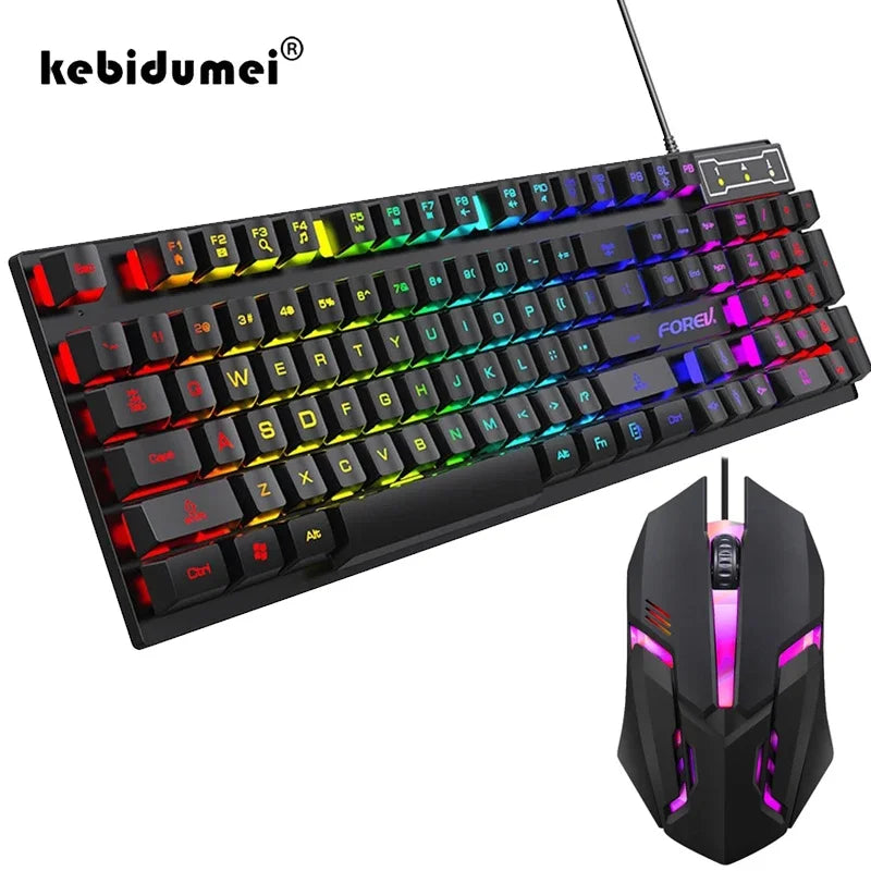 Kit Teclado Mecânico Gamer 104 Teclas Retroiluminado Rainbow e Mouse Com Fio – À Prova de Respingos