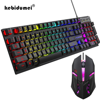 Kit Teclado Mecânico Gamer 104 Teclas Retroiluminado Rainbow e Mouse Com Fio – À Prova de Respingos