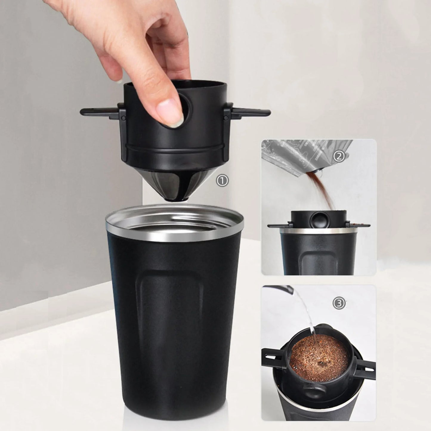 Kit Cafeteira Portátil Pour Over com Filtro Retrátil Inox e Caneca