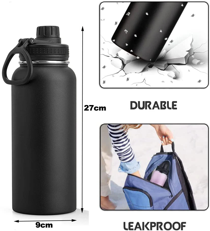 Garrafa Térmica Esportiva em Aço Inox 1000ml / 32oz Isolada a Vácuo com Tampa de Bico Hermética e Boca Larga