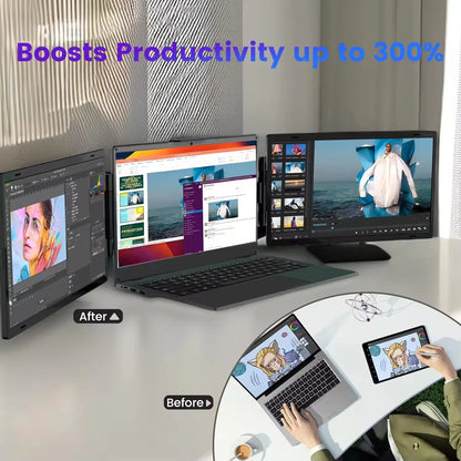 Extensor de Tela Portátil Triplo XMSJ 14" – Monitor Duplo Integrado IPS Full HD (1920x1200), Conexão USB-C Plug & Play, Layout Retrátil 16:10 para Notebook, Multitasking e Produtividade Avançada