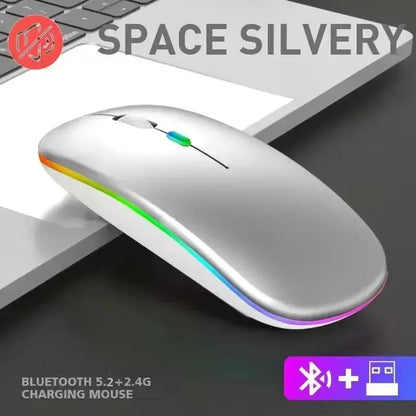 Mouse Sem Fio Recarregável Dual Mode (Bluetooth 5.2 + 2.4GHz) – Clique Silencioso e LED