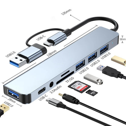 Hub Docking Station 8 em 2 USB + Type-C com Entrada de Áudio 3.5mm e Leitor de Cartão
