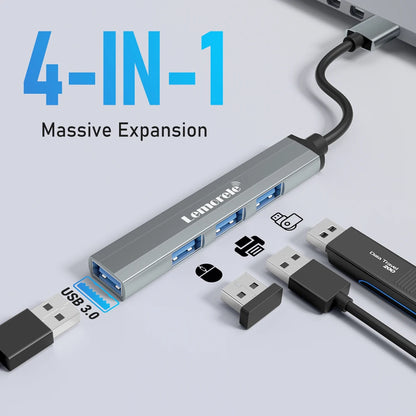 Hub USB Lemorele de Longo Alcance (120cm) com 4 Portas – Alumínio e Conexão Rápida
