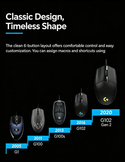Mouse Gamer Logitech G102 USB com 8000 DPI, 6 Botões Programáveis e RGB