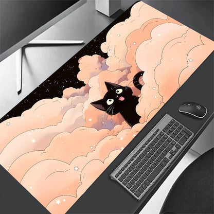 Tapete de teclado Black Cat Clouds com entrega rápida, trava de borda, extenso, kawaii, rosa e roxo, para proteção de mesa de escritório, tamanho XXL.