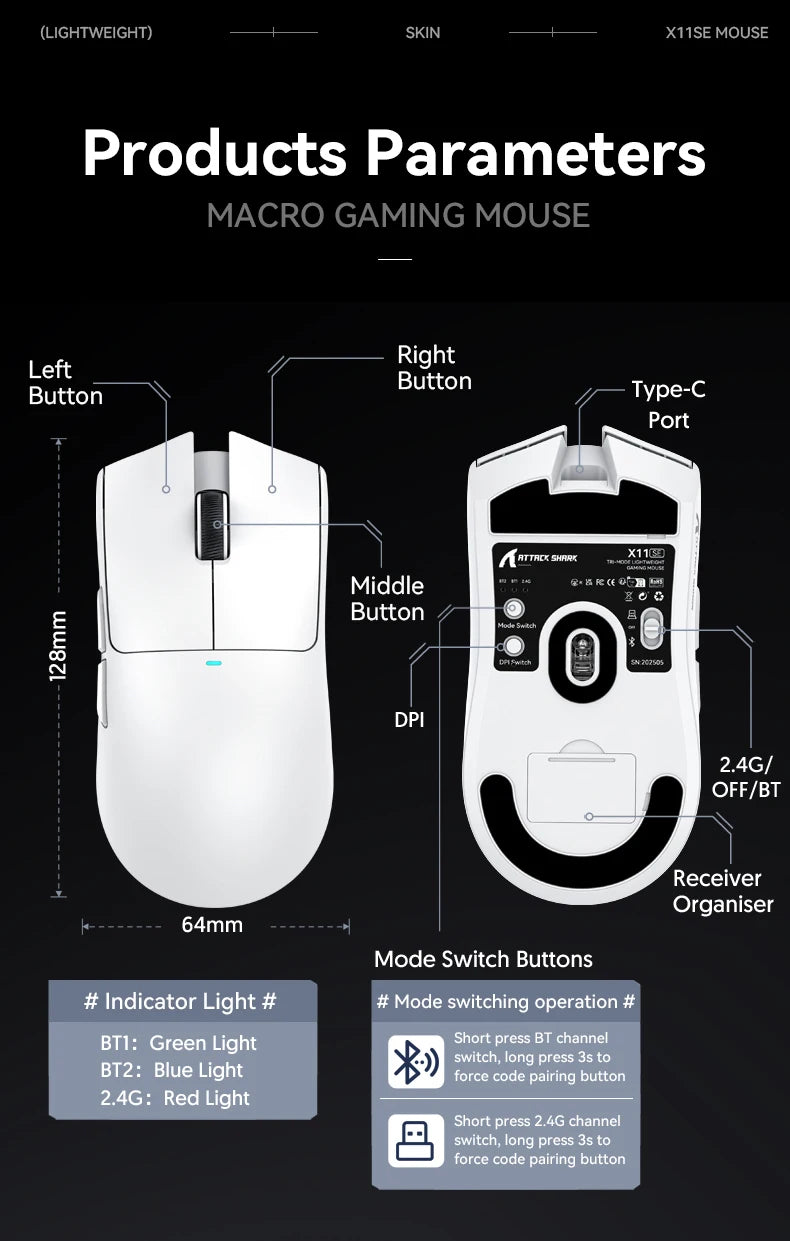 Attack Shark X11SE — Mouse Gamer Tri-Mode
