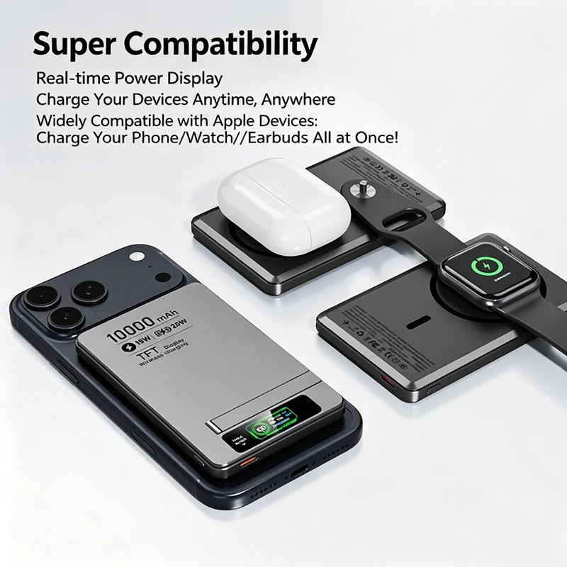 Carregador Portátil Power Bank Magnético 3 em 1 luxuglow – Carregamento Rápido Sem Fio (15W), Saída USB-C (20W), Suporte Retrátil e Display Digital para iPhone, Apple Watch e AirPods