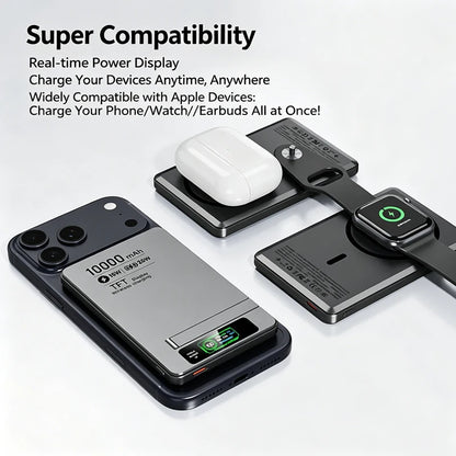Carregador Portátil Power Bank Magnético 3 em 1 luxuglow – Carregamento Rápido Sem Fio (15W), Saída USB-C (20W), Suporte Retrátil e Display Digital para iPhone, Apple Watch e AirPods