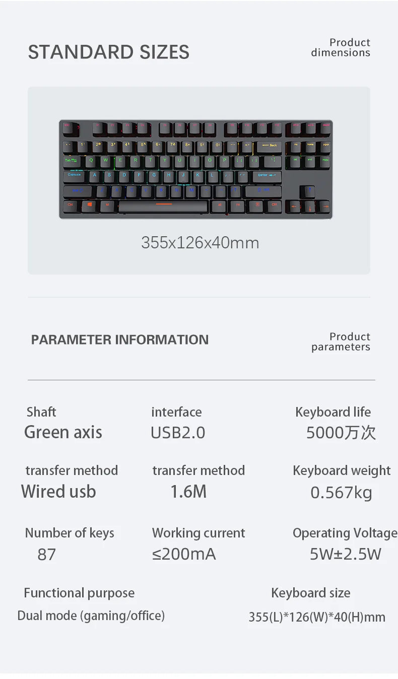 AyeBeau — Teclado Mecânico Gamer RGB 87 Teclas