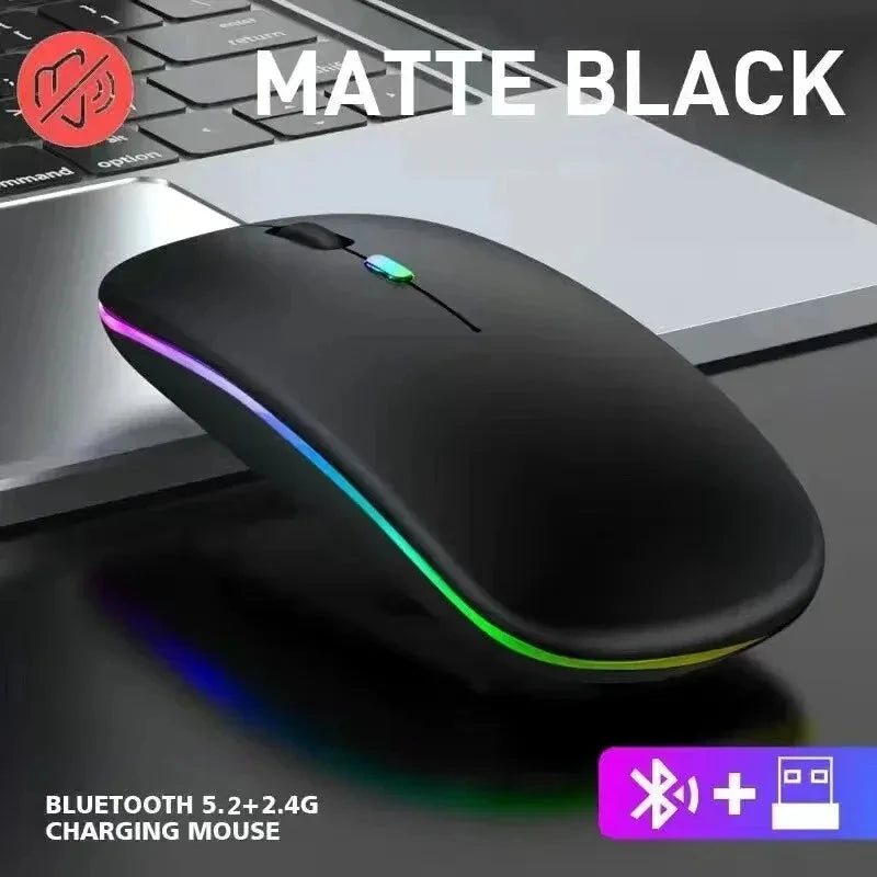 Mouse Sem Fio Recarregável Dual Mode (Bluetooth 5.2 + 2.4GHz) – Clique Silencioso e Iluminação LED Backlit