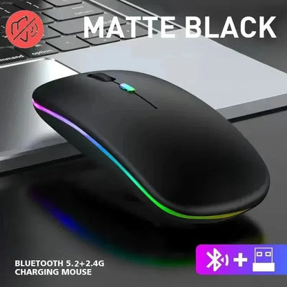 Mouse Sem Fio Recarregável Dual Mode (Bluetooth 5.2 + 2.4GHz) – Clique Silencioso e LED