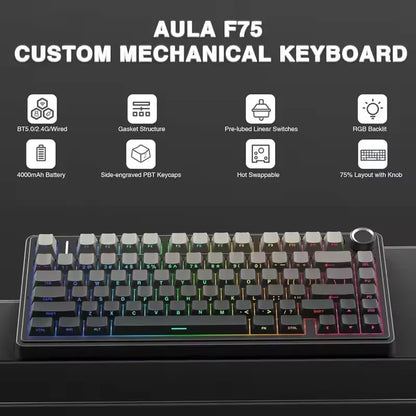 Teclado Mecânico Gamer AULA F75 75% RGB Tri-Mode 2.4G Bluetooth USB